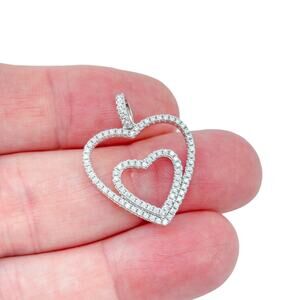 Estate Sterling Silver 925 Cubic Zirconia Double Heart Pendant